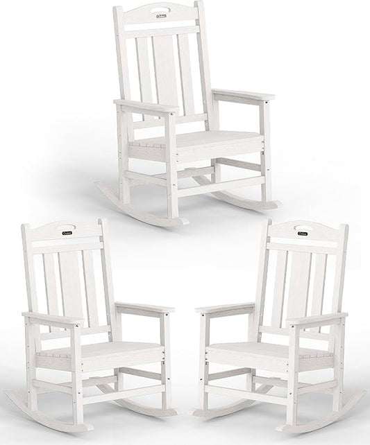 Ciokea Oversized Outdoor Rocking Chairs Set of 3, 380lbs Heavy-Duty Large Patio Rocker, High Back Cozy Porch Chairs, Weather Resistant Patio Rocking Chairs for Outside, Fire Pit, Deck, White