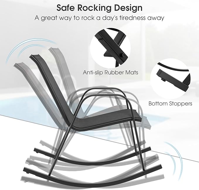 Giantex Outdoor Rocking Chairs Set of 2, Patio Rocking Chairs w/Breathable Seat & Back, Heavy-Duty Metal Support, Ergonomic Outside Rocker for Backyard, Poolside, Garden (1, Black)