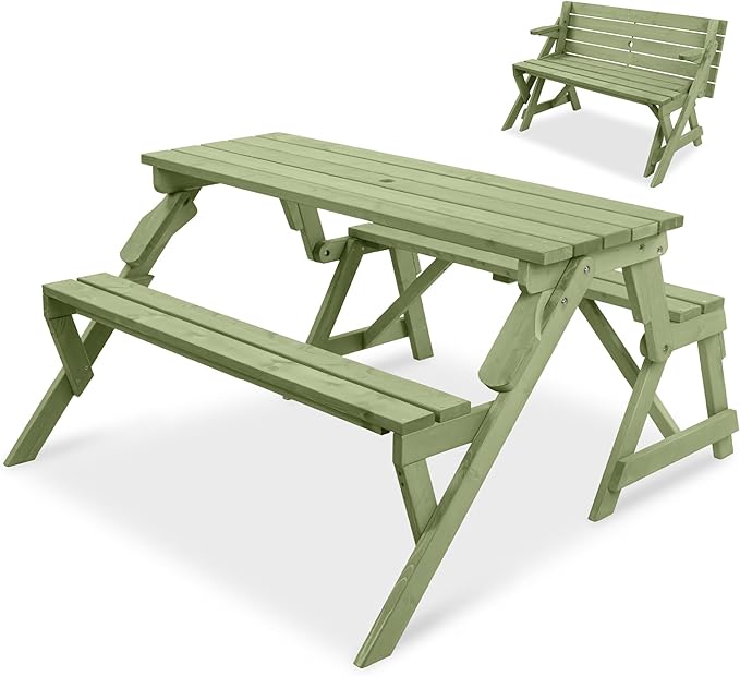 Best Choice Products 2-in-1 Transforming Interchangeable Outdoor Wooden Picnic Table Garden Bench for Backyard, Porch, Patio, Deck w/Umbrella Hole - Sage Green