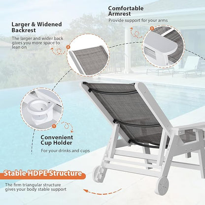 Outdoor Chaise Lounge Chair with Textilene Surface, 5-Position Adjustable Pool Lounge Chair with Wheels & Cup Holder, HDPE Patio Lounge Chair for Outside, Poolside & Beach (Grey-Brown+White)