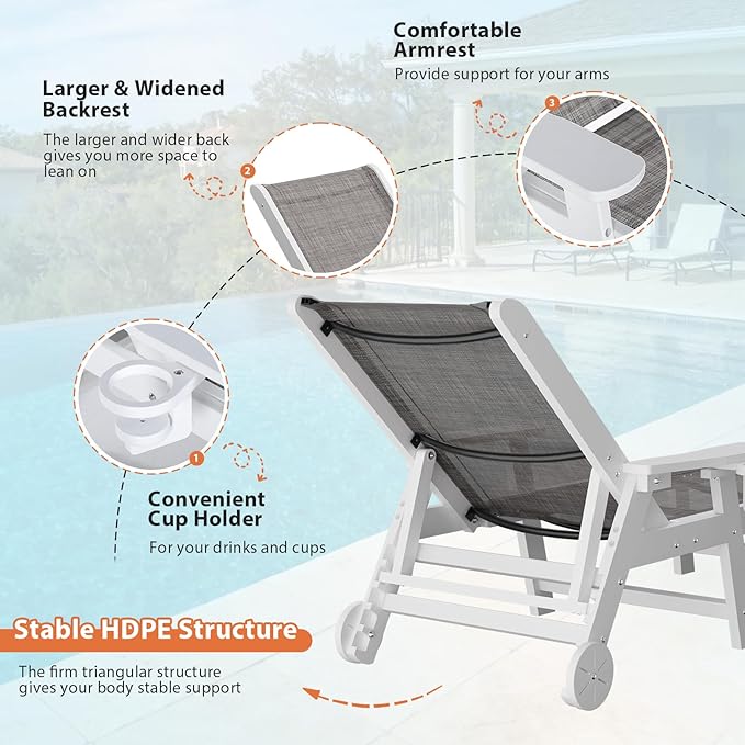 Outdoor Chaise Lounge Chair with Table Set of 3, 5-Position Adjustable Pool Lounge Chair with Wheels & Cup Holder - Photo 7