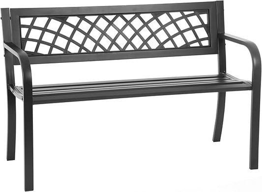24/7 Shop at Home Lance 46 Inch Modern Metal Outdoor Bench with Back, All Weather Resistant and Non-Slip Footrest, Front Porch Furniture for Yard, Lawn, Park, Patio, Garden Chair, Black