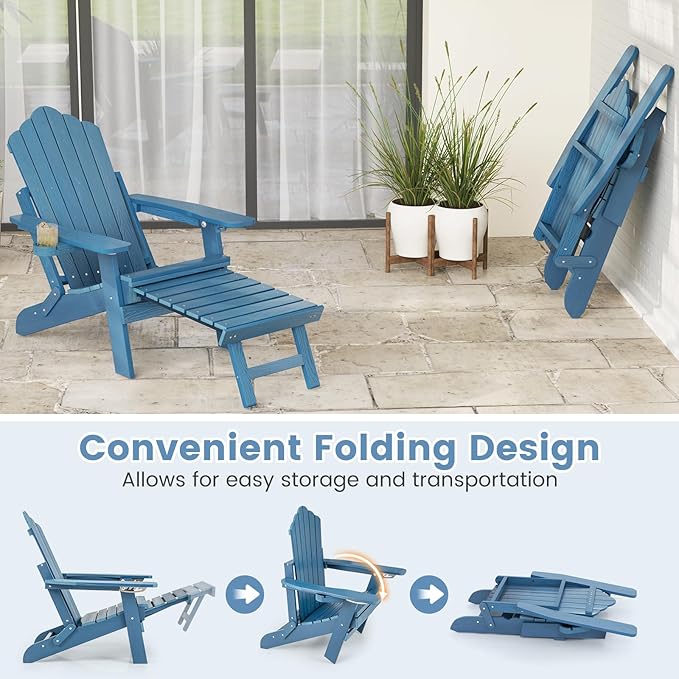 Giantex Folding Adirondack Chair, All-Weather Lounge Chair with Adjustable Backrest, Retractable Ottoman, Cup Holder, HIPS Fire Pit Chair for Lawn, Pool, Patio, Porch (1, Navy)