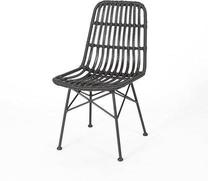 Christopher Knight Home Poppy Rattan Outdoor Dining Chairs Set of 2, Sturdy Metal Frame Patio Dining Chair Set for Backyard/Poolside, Slatted Armless Garden Chair, Sleek Open-Weave Design, Grey