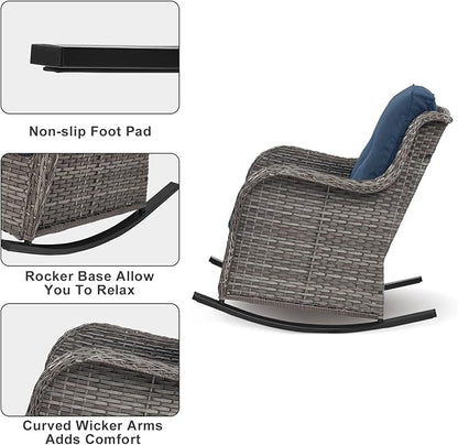 Rilyson Patio Chairs Outdoor Rocking Chair - 3 Piece Wicker Patio Bistro Set Rattan Patio Furniture Rocker Chairs and Side Table for Porch Deck Backyard Garden(Mixed Grey/Blue)