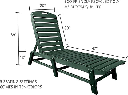 Phat Tommy Outdoor Pool Chaise Lounge, Heavy-Duty Beach Lounger - Folding, HDPE, Recycled Poly Furniture - Reclining Lounge Chair for Patio, Deck, Beach, Cabana, or Poolside, Green