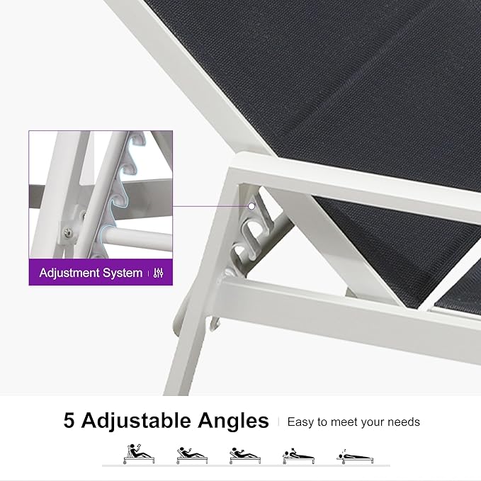 PURPLE LEAF Outdoor Chaise Lounge Adjustable Sunbathing Recliner with Armrest Navy Blue 2 Sets - Photo 6