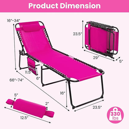GYMAX Lounge Chairs for Outside, Extra High Folding Beach Tanning Lounger with 4-Level Adjustable Backrest, 2-Level Footrest & Removable Pillow, Sunbathing Lounge for Patio, Lawn, Poolside (2, Pink)