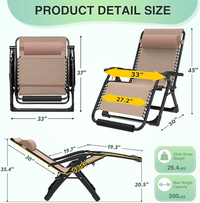 Suteck Oversized Zero Gravity Chair, 33In XXL Lounge Chair w/Removable Cushion&Headrest - Photo 2