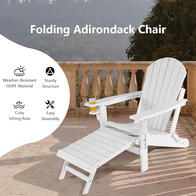 Giantex Folding Adirondack Chair, HDPE Patio Chairs Fire Pit Lounge Chair W/Retractable Ottoman & Cup Holder, Weatherproof Outdoor Adirondack Chairs for Porch, Garden, Backyard (1, White)