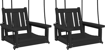 SERWALL HDPE Single Porch Swing Set of 2, Heavy Duty Single Person Swing Chair with 2 Polypropylene Hanging Ropes, Adirondack Hanging Chair for Outdoor Front Porch Patio Garden Yard, Black