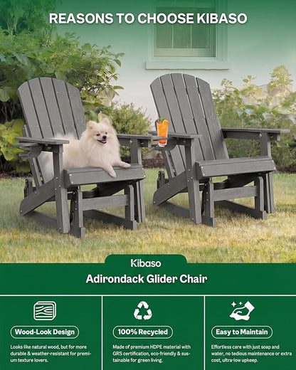 3-Position Adjustable Adirondack Chair with Cup Holder Set of 2, HDPE All-Weather Outdoor Glider Chair, Wood-Grain Fire Pit Chairs for Pool, Yard, Deck (Grey)
