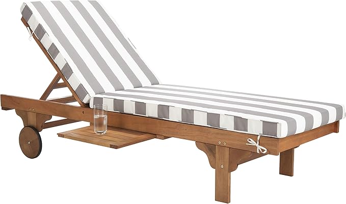 SAFAVIEH Outdoor Collection Newport Natural/ Grey & White Stripe Cushion Built-in Side Table Adjustable Chaise Lounge Chair