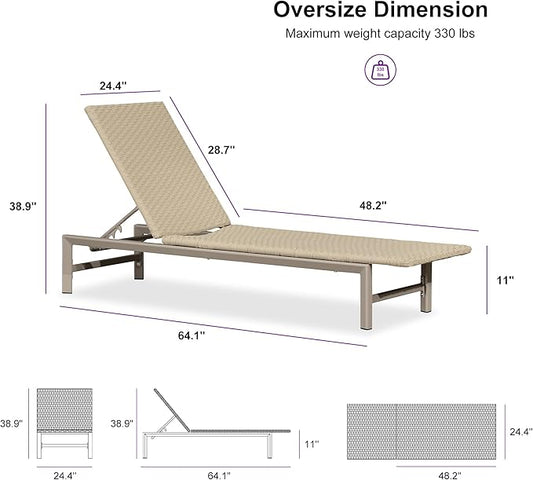 PURPLE LEAF Patio Chaise Lounge Chairs Outdoor Set of 2, Wicker Pool Lounge Chairs for Outside with Adjustable Backrest, Aluminum Sunbathing Lounger for Patio, Poolside, Garden, Khaki