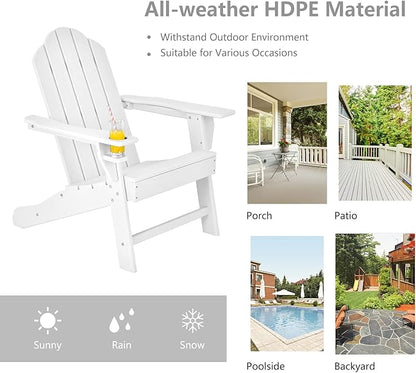 Tangkula Adirondack Chair Outdoor, Fade Resistant HDPE Armchairs with Cup Holder, Weather Resistant Lounger Chairs for Patio Garden Backyard Deck, Lawn Porch Seating, Adirondack Lounger (1, White)