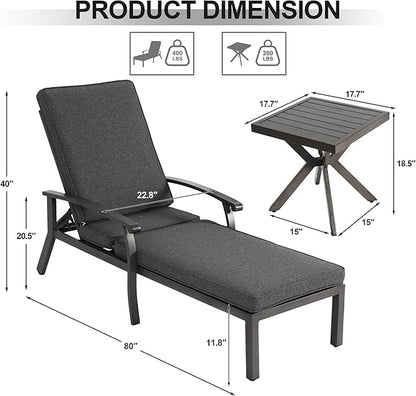 2 Chaise Lounge Chairs with 1 Side Table, Cast Aluminum Tanning Chair with Adjustable 5 Position Recliner, Grey Cushion and Wheels, 3 Piece Set for Outside Beach Patio Pool Lawn