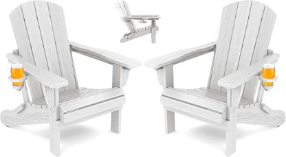 SERWALL Folding Adirondack Chair Set of 2, Reclining Adirondack Chair with 3 Recline Positions, All Weather HDPE Outdoor Adirondack, White