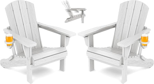 SERWALL Folding Adirondack Chair Set of 2, Reclining Adirondack Chair with 3 Recline Positions, All Weather HDPE Outdoor Adirondack, White