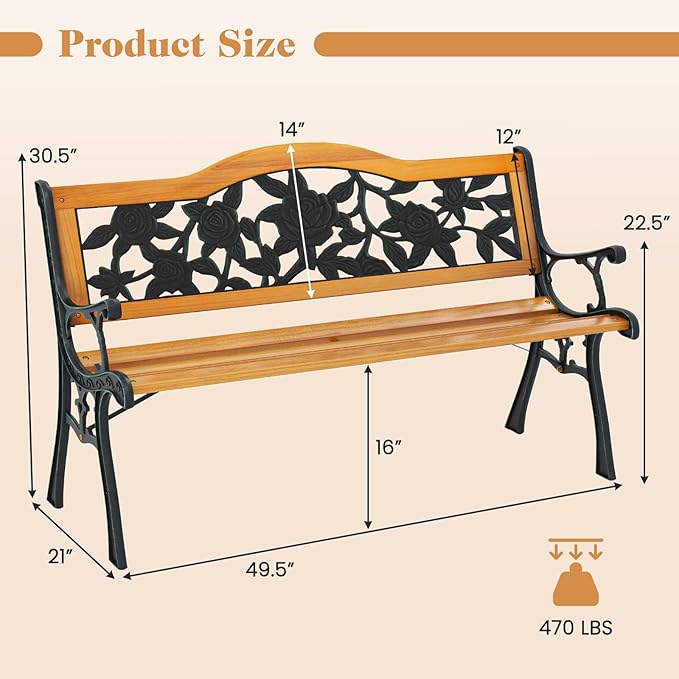 Giantex Outdoor Bench with Slatted Seat, Curved Armrests, Flower Pattern Backrest, 470 Lbs Capacity, Cast Iron Metal Patio Bench for Garden, Outside, Lawn, Porch, Yard, Park Bench