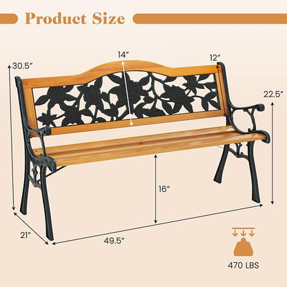Giantex Outdoor Bench with Slatted Seat, Curved Armrests, Flower Pattern Backrest, 470 Lbs Capacity, Cast Iron Metal Patio Bench for Garden, Outside, Lawn, Porch, Yard, Park Bench