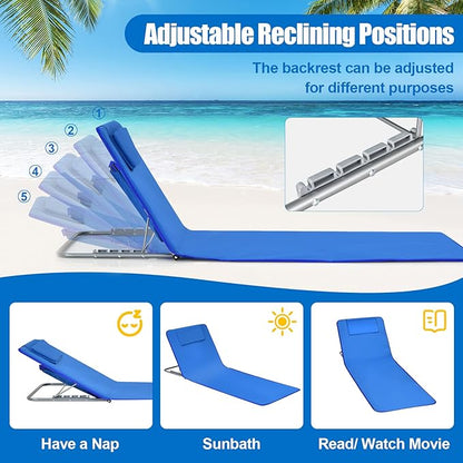 COSTWAY 3-Piece Beach Lounge Chairs, Outdoor Lounger with Side Table, 5 Reclining Positions, Lightweight & Portable Tanning Chairs for Sunbathing, Camping (Navy)