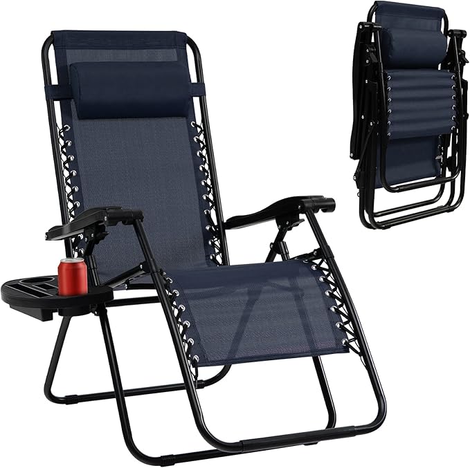 Tangkula Zero Gravity Chair, Folding Patio Lounge Chair Adjustable Outdoor Recliner with Cup Holder, Wide Armrest for Patio Garden Poolside Outdoor Yard Beach, Support 350 lbs (1, Navy Blue)