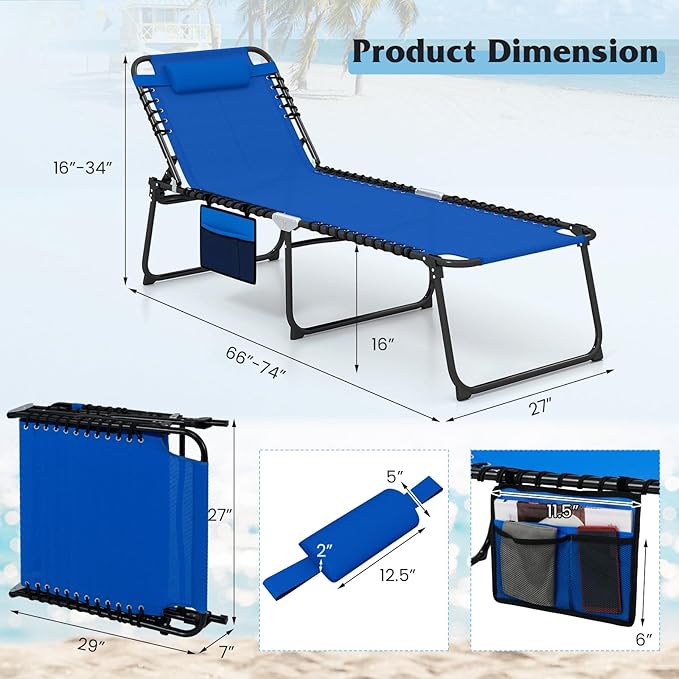 GYMAX Lounge Chair for Outside, 440lbs 27” Oversize Folding Beach Tanning Sunbath Chair with Adjustable Backrest & Removable Pillow, Lightweight Portable Patio Lounger for Lawn Poolside (Blue,1)