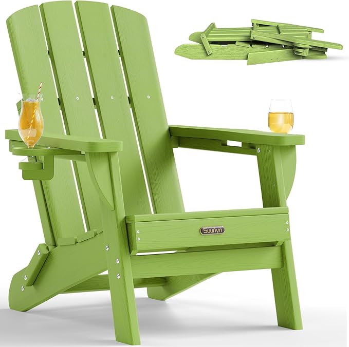 Folding Adirondack Chair, HDPE All-Weather Fire Pit Chairs, Plastic Adirondack Chairs with 2 Cup Holder, Outdoor Lawn Chair for Patio Garden (Light Green)