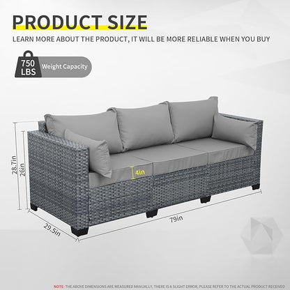 Wicker Patio Couch Outdoor 3-seat Sofa with All-Weather Rattan Deep Seater Outdoor Couch with Royal Blue Cushions