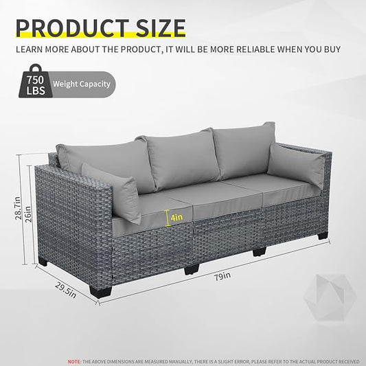 Wicker Patio Couch Outdoor 3-seat Sofa with All-Weather Rattan Deep Seater Outdoor Couch with Royal Blue Cushions