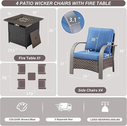 Belord 5 Piece Patio Furniture Set with Fire Pit Table - Outdoor Conversation Set with Propane Fire Pit and 4 Wicker Chairs for Backyard Patio or Casual Gathering Brown