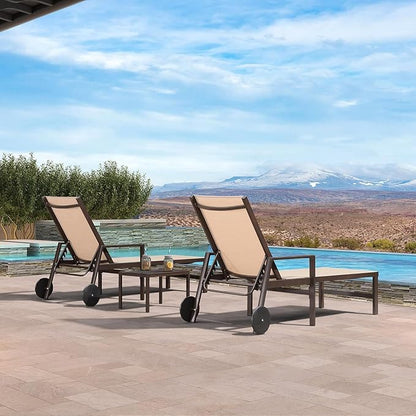 PURPLE LEAF Outdoor Chaise Lounge Chair Set of 2 with Armrests, Aluminum Patio Loungers with Wheels and Adjustable Backrest, Includes Side Table for Deck, Outside, Lawn, Garden, Cream