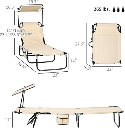 Outsunny Folding Chaise Lounge Pool Lounge Chairs Set of 2, Outdoor Sun Tanning Chairs with Canopy Shade, Reclining Back, Steel Frame and Side Pocket for Beach, Yard, Patio, Tan