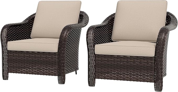 Outdoor Wicker Chair Set of 2, All-Weather Use Patio Rattan Chair with Seat and Back Cushion, Ideal for Porch, Backyard - Photo 1