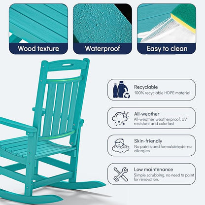 Plawdlik Oversized Outdoor Rocking Chair - All-Weather Resistant,HDPE Heavy Duty Patio Rockers with High Back - Perfect for Porch,Garden,Modern Style Set of 2-Aruba