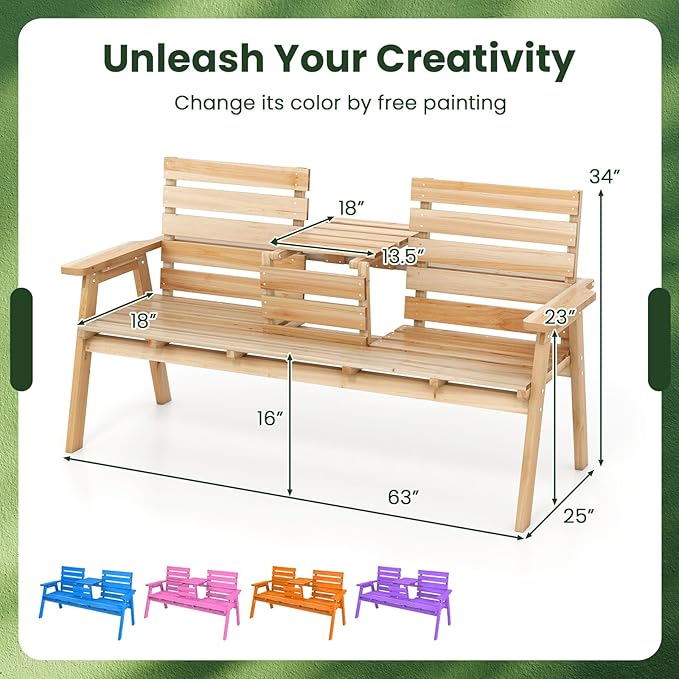 Tangkula Outdoor Fir Wood Bench with Foldable Middle Table, 2-3 Person Garden Bench with Backrest and Armrests - Photo 3