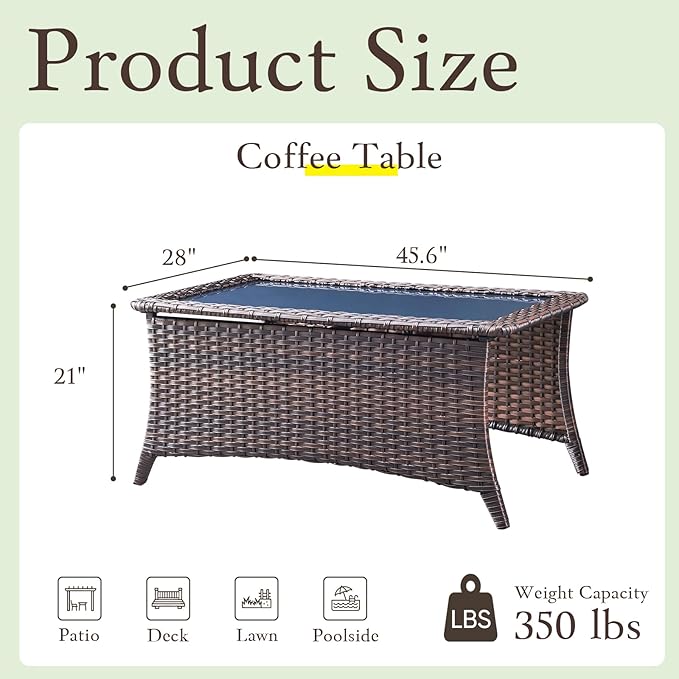 Outdoor Patio Wicker Coffee Table, All-Weather Rattan Coffee Table with Black Tempered Glass Top, Patio Rectangle Coffee Table for Porch, Yard, Garden, Brown Wicker