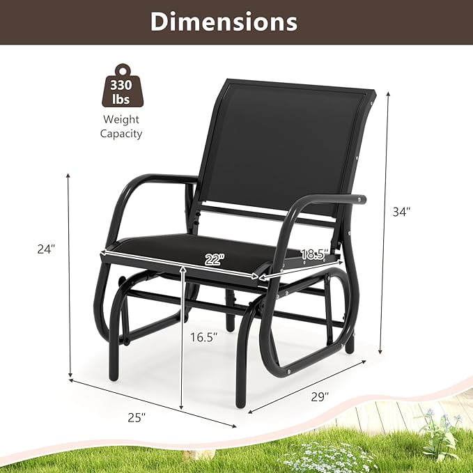 Tangkula Swing Glider Chair, Ergonomic Rocking Chair with Comfortable Fabric, Iron Frame, 4 Non-Slip Foot Pads, Outdoor Patio Glider Rocker Chair for Living Room, Garden, Backyard (1, Black)