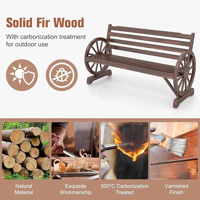 MOTION Outdoor Wagon Wheel Bench - 55 Inches Wooden Garden Bench with Slatted Backrest and Carbonized Finish, 2-Person Seat Outdoor Bench for Garden Porch Yard Patio, Rustic Brown