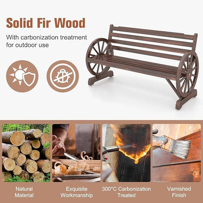 MOTION Outdoor Wagon Wheel Bench - 55 Inches Wooden Garden Bench with Slatted Backrest and Carbonized Finish, 2-Person Seat Outdoor Bench for Garden Porch Yard Patio, Rustic Brown