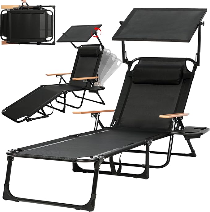 Outdoor Chaise Lounge Chair with 4-Position Adjustable Backrest,Patio Folding Sun Tanning Chair,Pillow & Cup Holder,Portable Recliner Sunbathing Lounger Chairs for Beach Garden (Black with Shade)