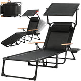Outdoor Chaise Lounge Chair with 4-Position Adjustable Backrest, Patio Folding Sun Tanning Chair, Pillow & Cup Holder - Photo 1