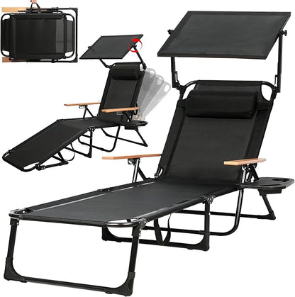 Outdoor Chaise Lounge Chair with 4-Position Adjustable Backrest,Patio Folding Sun Tanning Chair,Pillow & Cup Holder,Portable Recliner Sunbathing Lounger Chairs for Beach Garden (Black with Shade)