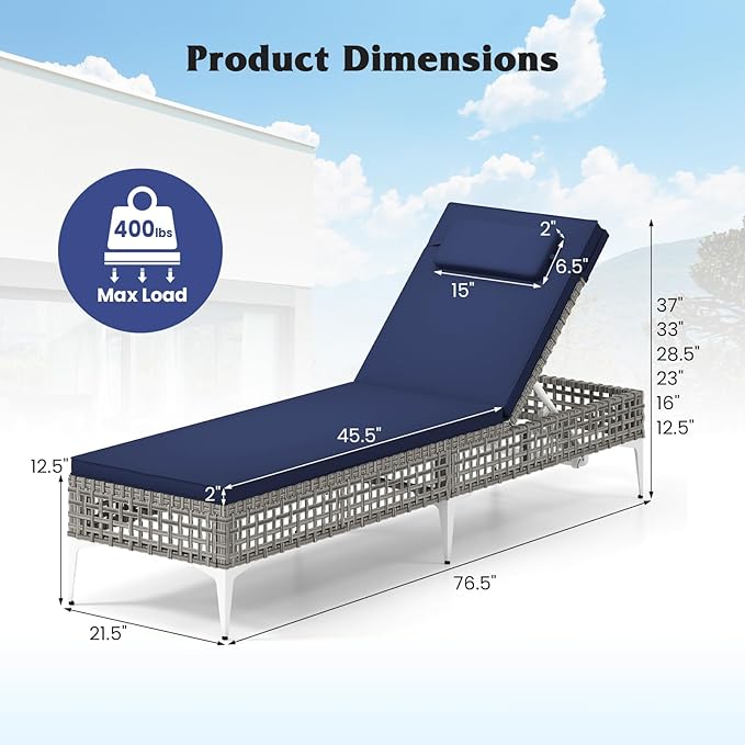Tangkula Patio Chaise Lounge Chair, PE Wicker Reclining Sun Lounger with 6-Level Adjustable Backrest, Removable Cushion & Headrest, Outdoor Lounge Chair for Poolside, Deck, Backyard (2, Navy)