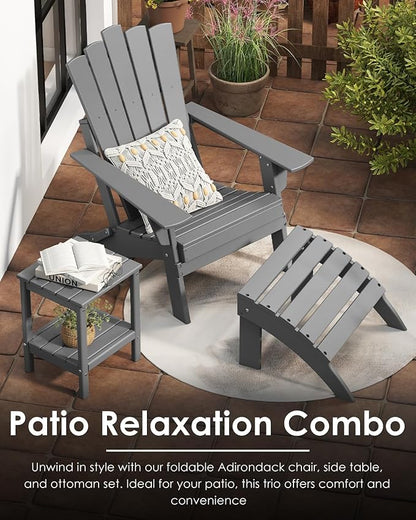GREENVINES Folding-Adirondack-Chairs-Set-of-4 | HDPE Plastic | Throne Series | Fire Pit Chair | All Weather | for Outdoor Patio Deck Backyard Poolside | Grey