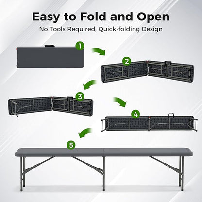 Giantex 6 FT Plastic Folding Bench, HDPE Portable Seat w/Metal Legs, Fold-in-Half Outdoor Bench for Picnic, Garden, Camping, Party Sport Events, 1320 lbs Capacity, No Assembly (1, Gray)