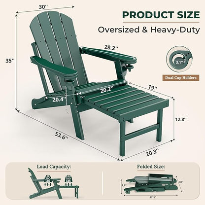 BRIOPAWS Adirondack-Chairs-with-Pull-Out-Footrest | Set of 4 | Folding | HDPE Plastic | Fire Pit Chair | All Weather | Cup Holders | Curved Back | Retractable Ottoman | for Poolside Deck | Forest