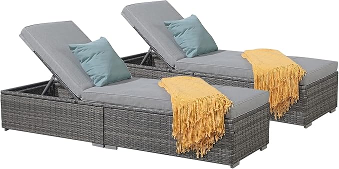 Patiorama Outdoor Patio Chaise Lounge Chair, Elegant Reclining Adjustable Pool Rattan Chaise Lounge Chair with Light Grey Cushion, Grey PE Wicker, Steel Frame, Set of 2