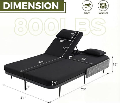RADIATA 51.2" Outdoor Loveseat Sofa Bed, PE Wicker Patio Daybed with 2-Person Double Chaise Lounge, Independent 5-Position Adjustable Backrest, All-Weather Poolside Furniture
