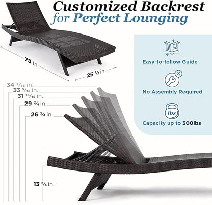 Idzo Katalina Chaise Lounge Set of 2-500lbs Support, UV Wicker, Ergonomic Wave Design, Reclining Backrest, Patio Furniture Set, Multi-Brown